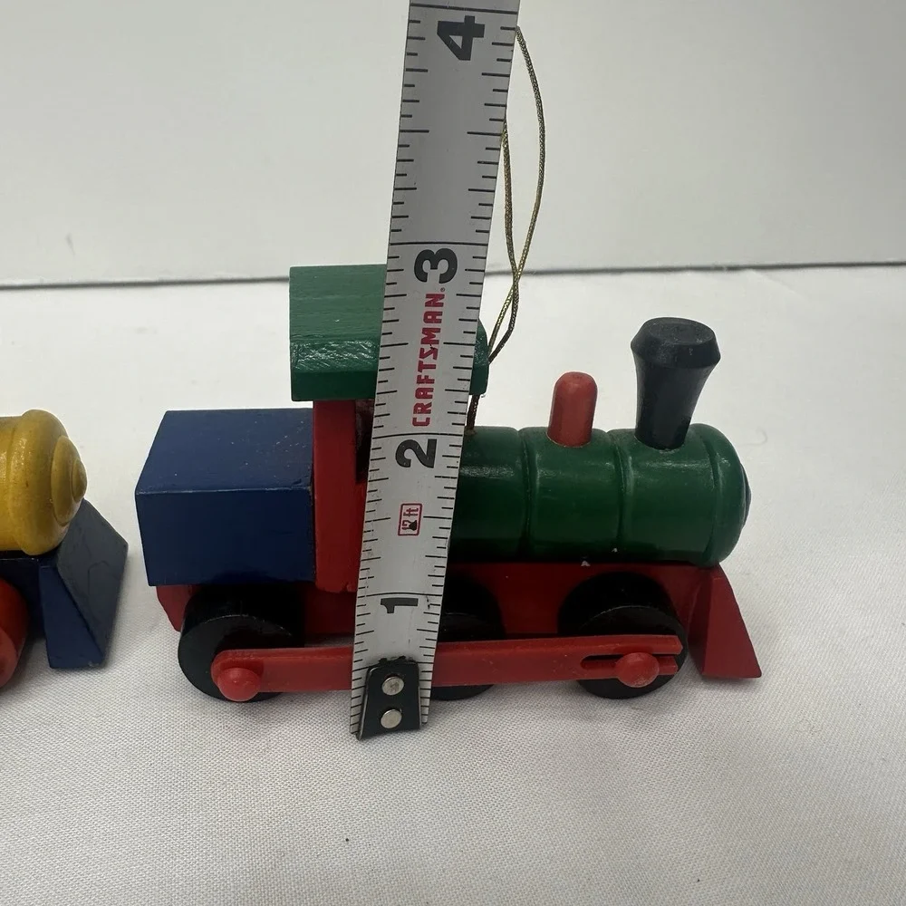 Lot / 3 Old-School Wood Block Locomotive Train Christmas Ornament Rolling Wheels